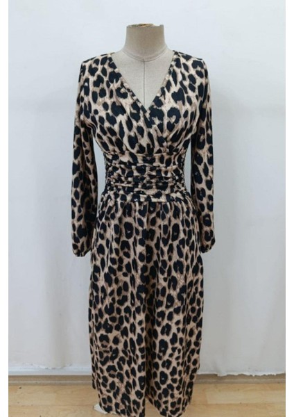 Kruvaze Yaka Bel Oturtmalı Midi Modal Elbise - Leopar fırsatları