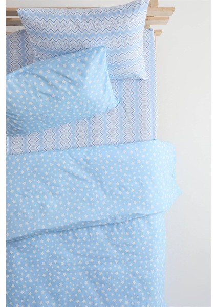 Favora Star Lastikli Çarşaflı Pamuklu Tek Kişilik Nevresim Takımı - Mavi FVORANM1324 fiyatları