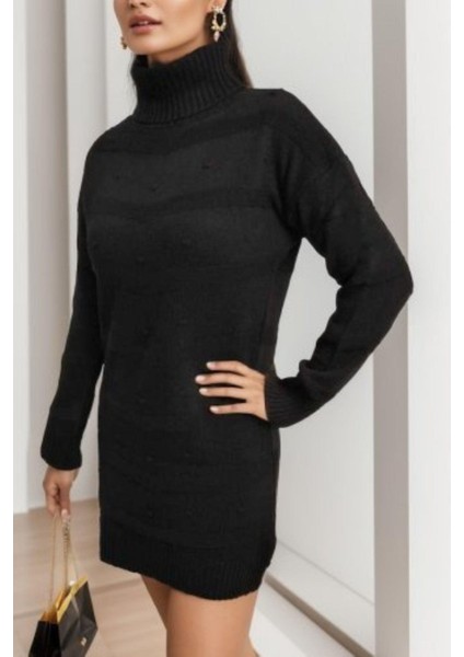 Balıkçı Yaka Triko Mini Boy Elbise Siyah modelleri