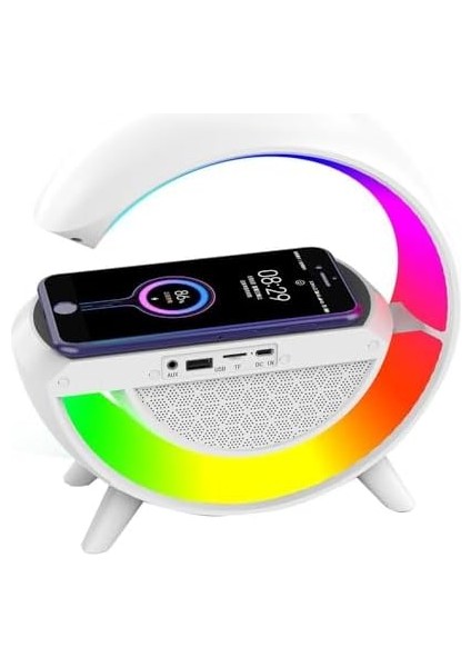 MD-G111 Beyaz RGB10W 1800MAH 10 Metre Mesafeli BLUETOOTH/TF/USB/15W Şarj Rgb Işıklı Speaker Masa Lambası Özelllikli Kablosuz Şarj Özellikli