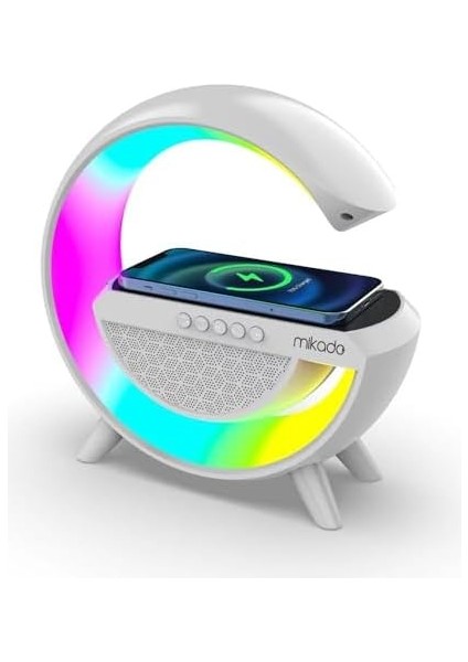 MD-G111 Beyaz RGB10W 1800MAH 10 Metre Mesafeli BLUETOOTH/TF/USB/15W Şarj Rgb Işıklı Speaker Masa Lambası Özelllikli Kablosuz Şarj Özellikli fiyatları