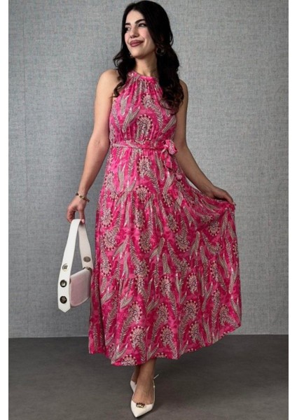 Bel Bağlamalı Desenli Kolsuz Uzun Elbise - Pembe