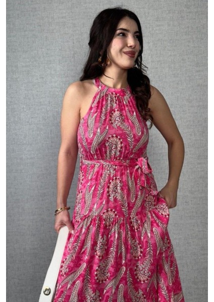 Bel Bağlamalı Desenli Kolsuz Uzun Elbise - Pembe fiyatları