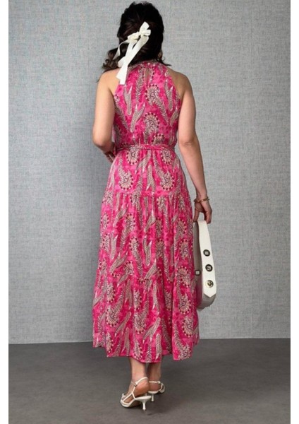 Bel Bağlamalı Desenli Kolsuz Uzun Elbise - Pembe modelleri