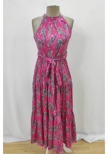 Bel Bağlamalı Desenli Kolsuz Uzun Elbise - Pembe fırsatları