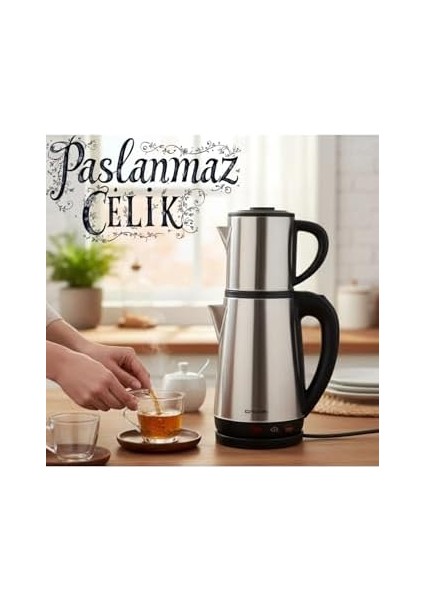 Crwn Elektrikli Çay Makinesi Çelik Çaydanlık Takımı Su Isıtıcı Türk Çayı 1800W