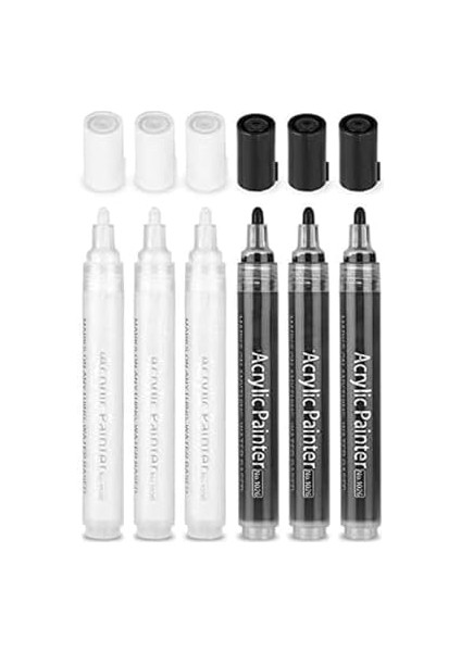 Siyah Beyaz Boya Kalemleri, 6&apos;lı Akrilik Siyah Beyaz Kalıcı Markörler, Ahşap, Kaya Boyama, Metal, Taş, Cam, Seramik, Grafiti, Kağıt, Çizim Için Akrilik Boya Kalemleri
