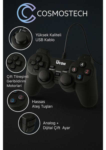 Ucom Kablolu 2'li Pc Gamepad – Çift Titreşimli Joystick, Ergonomik 3D Tasarım, USB Bağlantı, Windows & Steam Uyumlu fiyatları