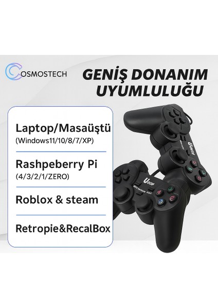 Ucom Kablolu 2'li Pc Gamepad – Çift Titreşimli Joystick, Ergonomik 3D Tasarım, USB Bağlantı, Windows & Steam Uyumlu modelleri
