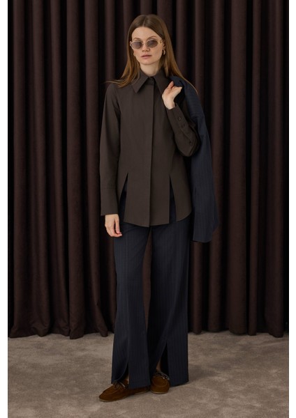 Yırtmaç Detaylı Gömlek Kahve