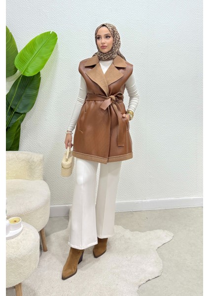 Leyzar Kürk Detaylı Kuşaklı Deri Tesettür Yelek- Taba Standart (S-M-L Uyumlu)