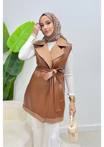 Leyzar Kürk Detaylı Kuşaklı Deri Tesettür Yelek- Taba Standart (S-M-L Uyumlu) fiyatları