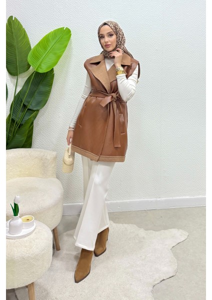 Leyzar Kürk Detaylı Kuşaklı Deri Tesettür Yelek- Taba Standart (S-M-L Uyumlu) modelleri