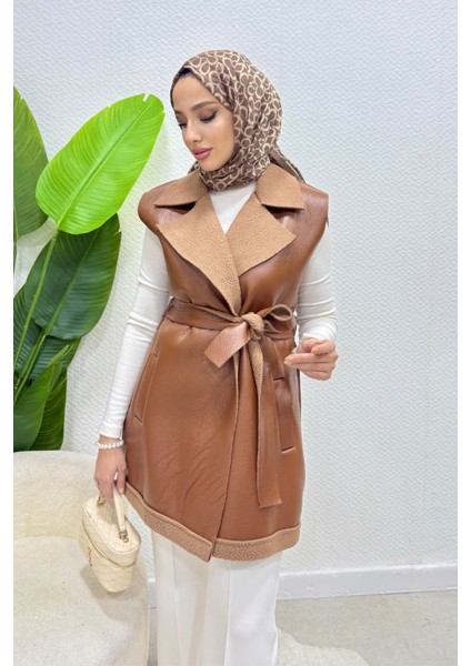 Leyzar Kürk Detaylı Kuşaklı Deri Tesettür Yelek- Taba Standart (S-M-L Uyumlu) fırsatları