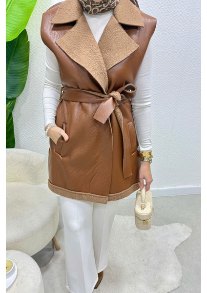 Leyzar Kürk Detaylı Kuşaklı Deri Tesettür Yelek- Taba Standart (S-M-L Uyumlu) indirimleri