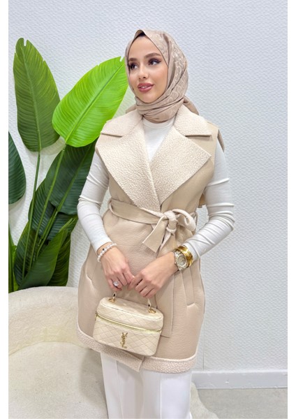Leyzar Kürk Detaylı Kuşaklı Deri Tesettür Yelek- Krem Standart (S-M-L Uyumlu) fiyatları