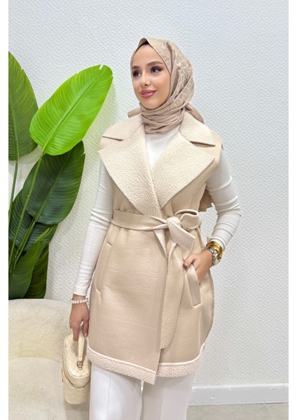 Leyzar Kürk Detaylı Kuşaklı Deri Tesettür Yelek- Krem Standart (S-M-L Uyumlu) fırsatları