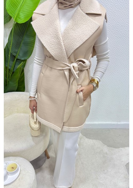 Leyzar Kürk Detaylı Kuşaklı Deri Tesettür Yelek- Krem Standart (S-M-L Uyumlu) indirimleri