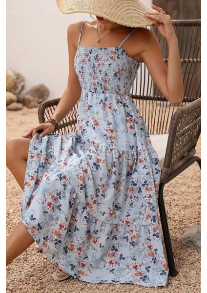 Ip Askılı Çiçek Desenli Süprem Elbise - Mavi