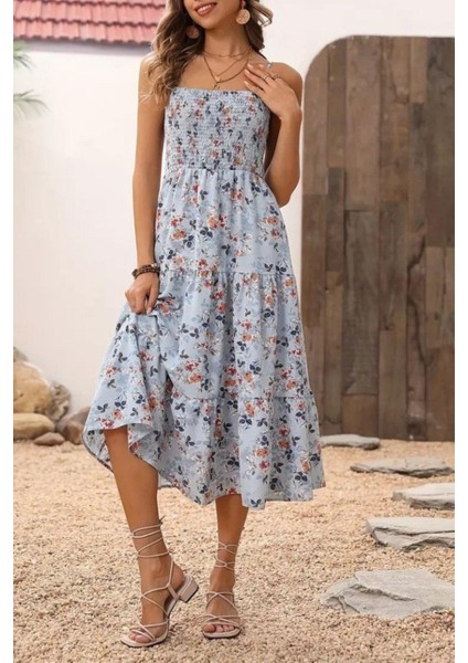 Ip Askılı Çiçek Desenli Süprem Elbise - Mavi fiyatları