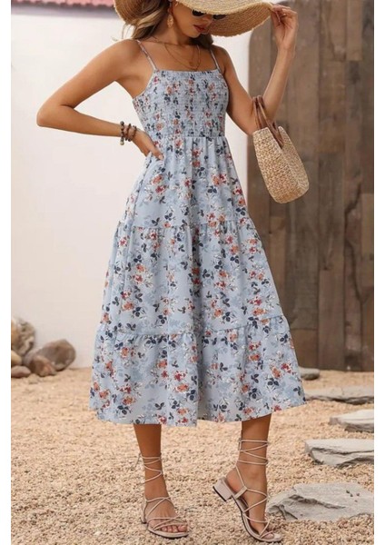 Ip Askılı Çiçek Desenli Süprem Elbise - Mavi modelleri