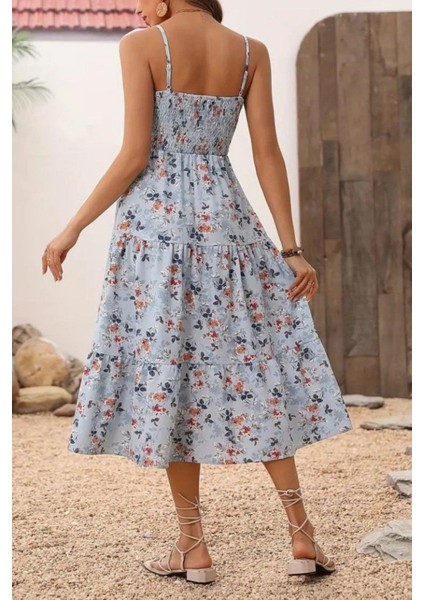 Ip Askılı Çiçek Desenli Süprem Elbise - Mavi fırsatları