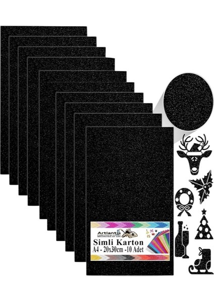 Siyah Simli Karton A4 20X30 cm 10 Lu 1 Paket Simli Fon Kartonu Parıltılı Kağıt Anasınıfı Kreş Etkinlik Proje