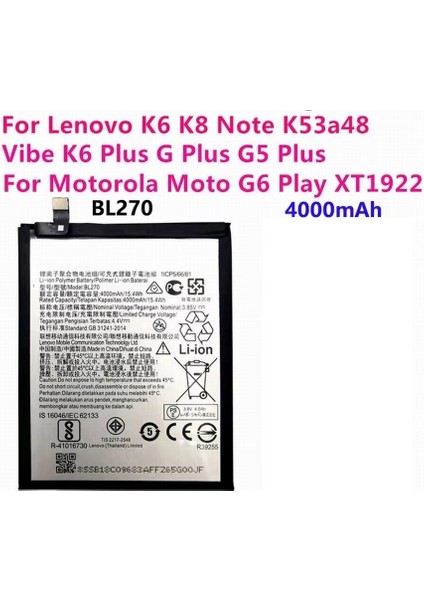 Lenovo K6 K8 Note K53A48 Vibe K6 G G5 Plus 4000MAH BL270 Battery Batarya Pil
