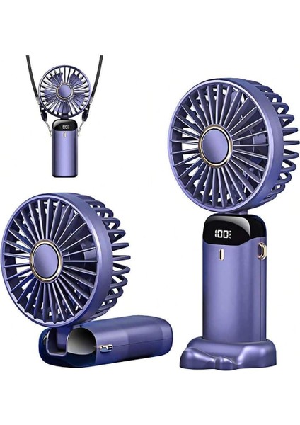 Mini El Fanı 5 Kademeli Dijital LED Göstergeli Boyun Askılı Mini Klima Vantilatör Mor