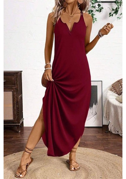 Askılı V Yaka Salaş Kesim Uzun Viskon Elbise - Bordo