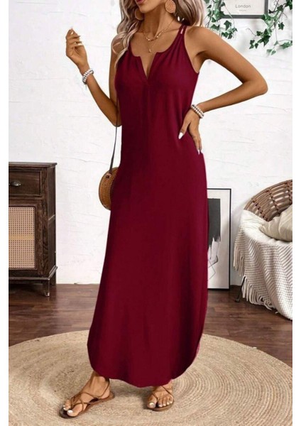 Askılı V Yaka Salaş Kesim Uzun Viskon Elbise - Bordo fiyatları