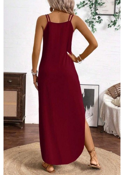 Askılı V Yaka Salaş Kesim Uzun Viskon Elbise - Bordo modelleri