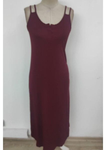 Askılı V Yaka Salaş Kesim Uzun Viskon Elbise - Bordo fırsatları
