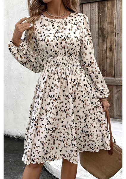 Bisiklet Yaka Beli Lastikli Midi Süprem Elbise - Bej