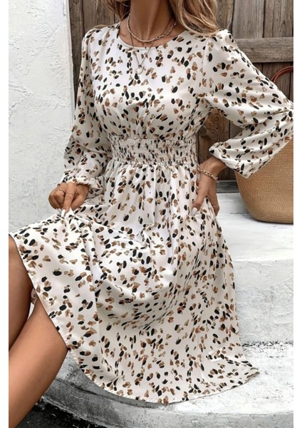 Bisiklet Yaka Beli Lastikli Midi Süprem Elbise - Bej fiyatları