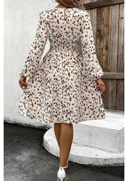 Bisiklet Yaka Beli Lastikli Midi Süprem Elbise - Bej modelleri