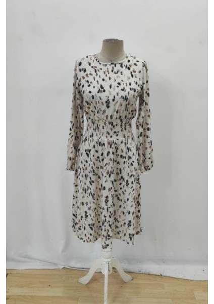 Bisiklet Yaka Beli Lastikli Midi Süprem Elbise - Bej fırsatları