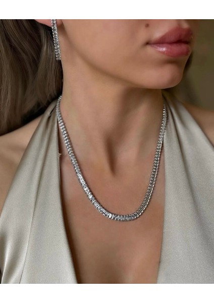 Zirkon Taşlı Çelik Set Kolye Küpe