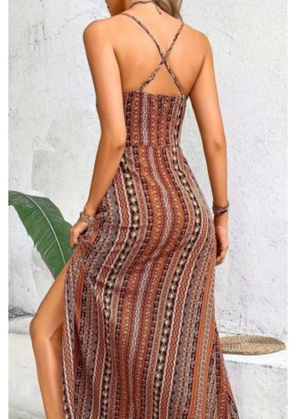 Ince Askılı Sırttan Çapraz Detaylı Yırtmaçlı Süprem Elbise - Kahve fiyatları