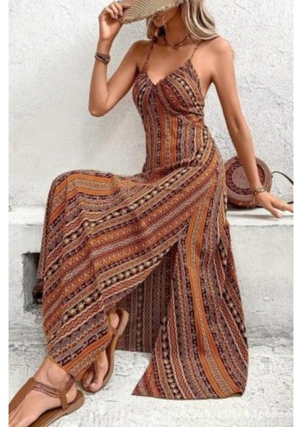 Ince Askılı Sırttan Çapraz Detaylı Yırtmaçlı Süprem Elbise - Kahve modelleri