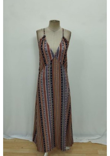 Ince Askılı Sırttan Çapraz Detaylı Yırtmaçlı Süprem Elbise - Kahve fırsatları