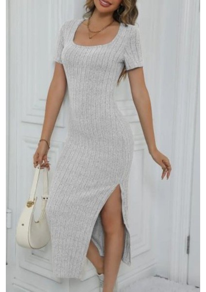 Kare Yaka Kısa Kollu Yırtmaçlı Fitilli Midi Elbise - Gri