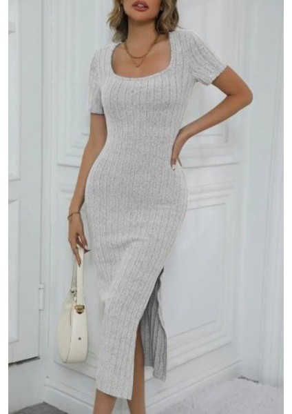 Kare Yaka Kısa Kollu Yırtmaçlı Fitilli Midi Elbise - Gri fiyatları