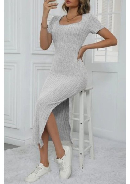 Kare Yaka Kısa Kollu Yırtmaçlı Fitilli Midi Elbise - Gri modelleri