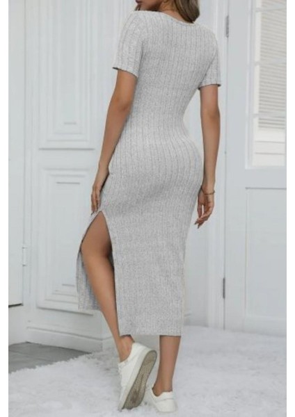 Kare Yaka Kısa Kollu Yırtmaçlı Fitilli Midi Elbise - Gri fırsatları