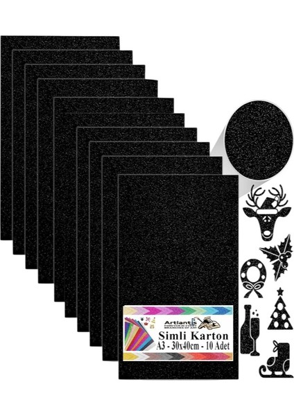 Siyah Simli Karton A3 30X40 cm 10 Lu 1 Paket Simli Fon Kartonu Parıltılı Kağıt Anasınıfı Kreş Etkinlik Proje