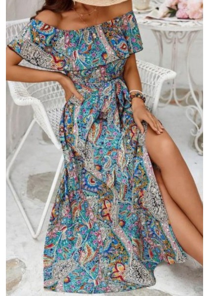 Madonna Yaka Yırtmaç Detaylı Uzun Elbise - Mavi