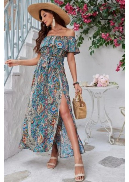 Madonna Yaka Yırtmaç Detaylı Uzun Elbise - Mavi fiyatları