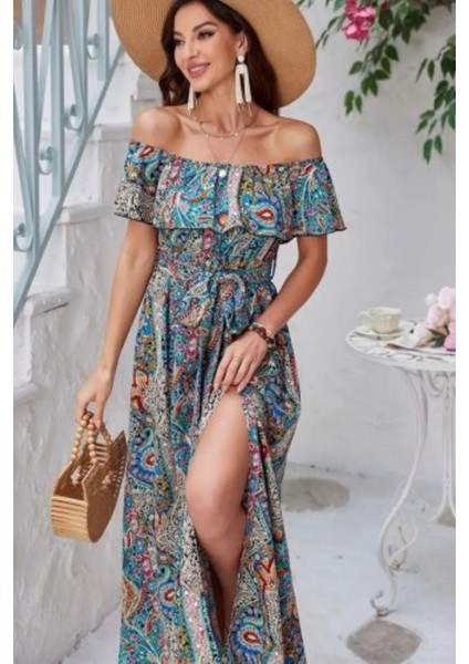 Madonna Yaka Yırtmaç Detaylı Uzun Elbise - Mavi modelleri