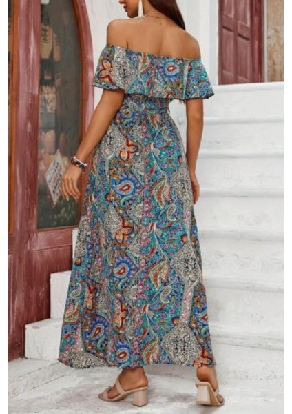 Madonna Yaka Yırtmaç Detaylı Uzun Elbise - Mavi fırsatları